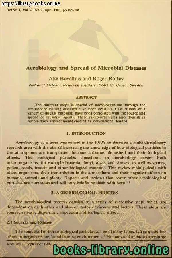 كتاب Aerobiology and Spread of Microbial Diseases الأيروبيولوجيا وانتشار الأمراض الميكروبية لAke Bovallius and Roger Roffey