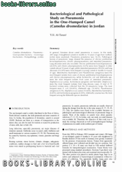 كتاب Bacteriological and Pathological Study on Pneumonia in the OneHumped Camel لكاتب غير محدد