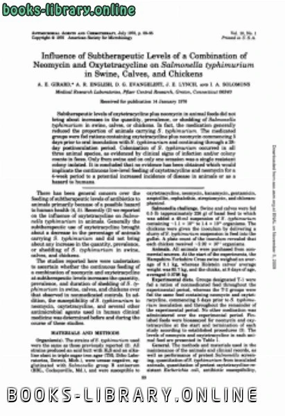 كتاب Influence of Subtherapeutic Levels of a Combination of Neomycin and Oxytetracycline on Salmonella typhimurium in Swine Calves and Chickens لغير محدد
